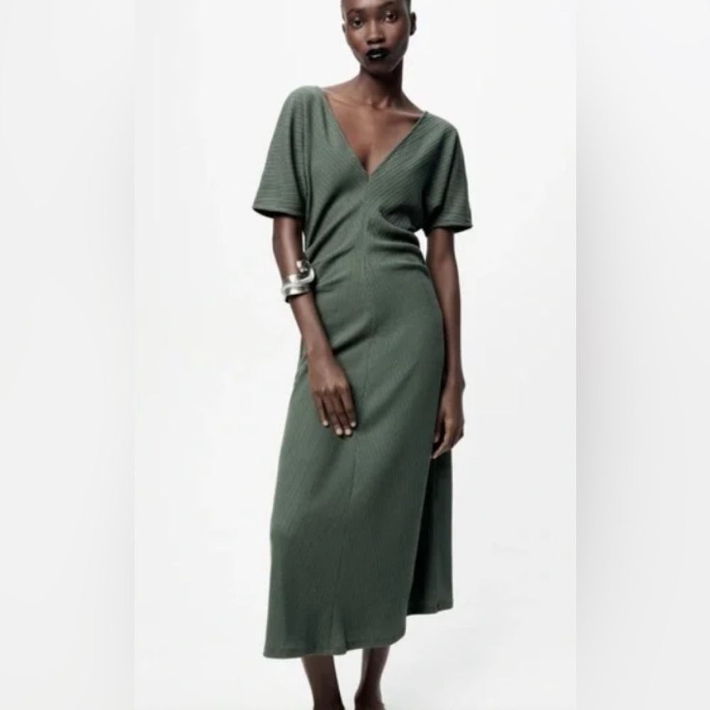Zara Deep Sage Green Deep V Neck Ruched Waist Midaxi Dress - Size Large (10)